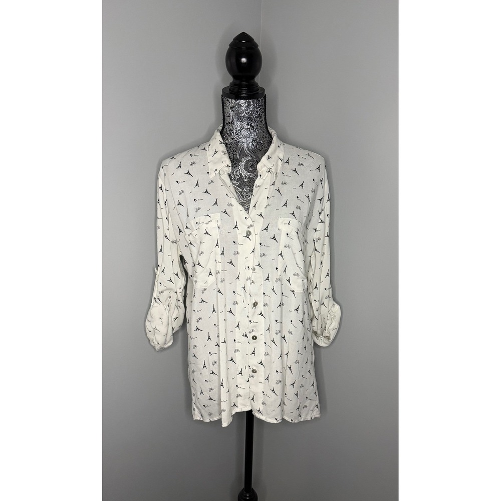 Just Living Women's Paris Eiffel Tower Print Blouse Shirt Rayon Button Front